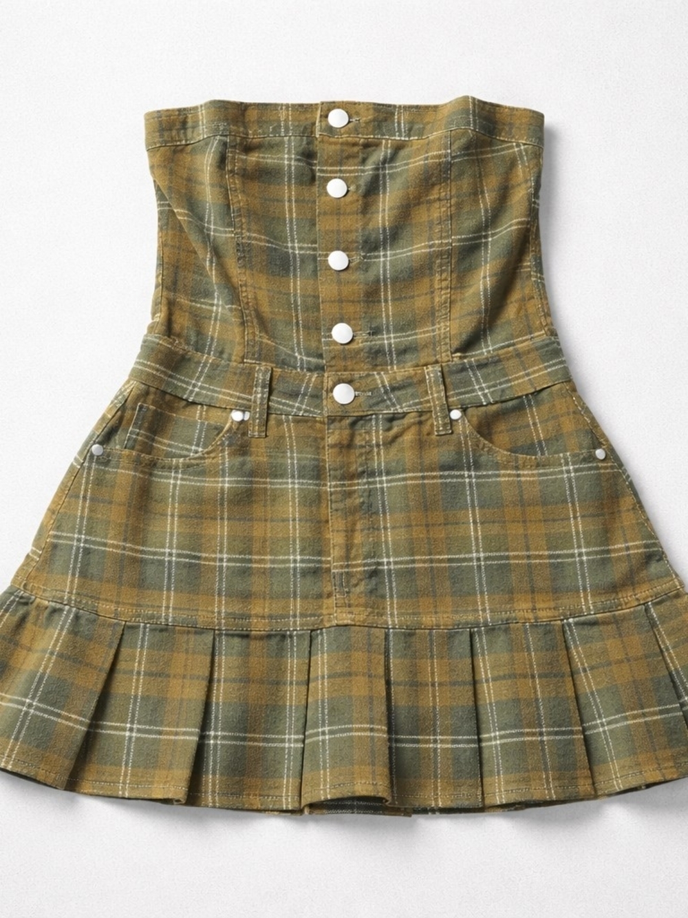 Strapless Plaid Button-Front Mini Dress in Olive & Mustard